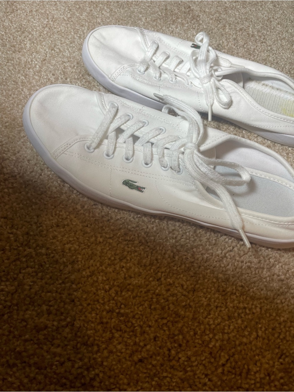 Lacoste White Low-Top Canvas Sneakers with Green Logo. Size 10. Luxury. Brand.